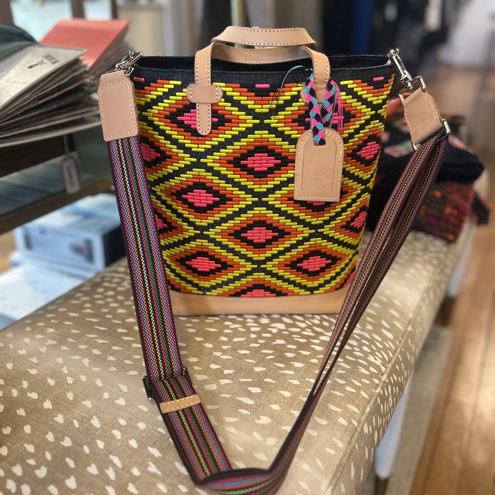 CONSUELA Woven Diamond-Pattern Tote Bag in Yellow, Pink, Black and Orange.